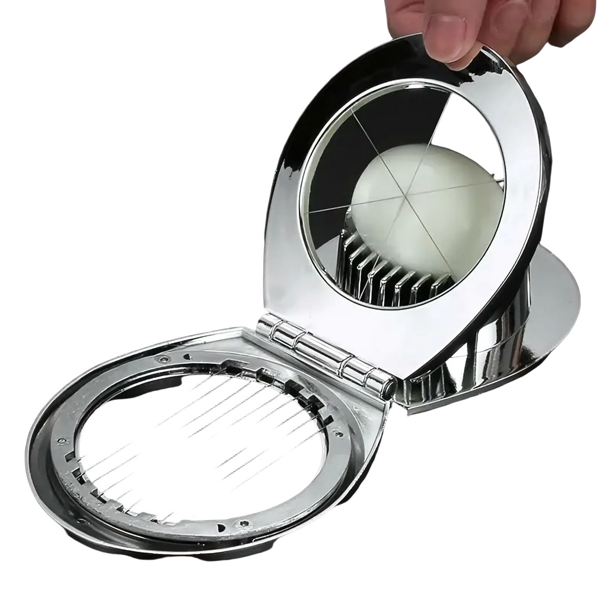 Shiny chrome-finished zinc alloy egg slicer and fruit cutter with circular design and multiple thin wires for precise slicing