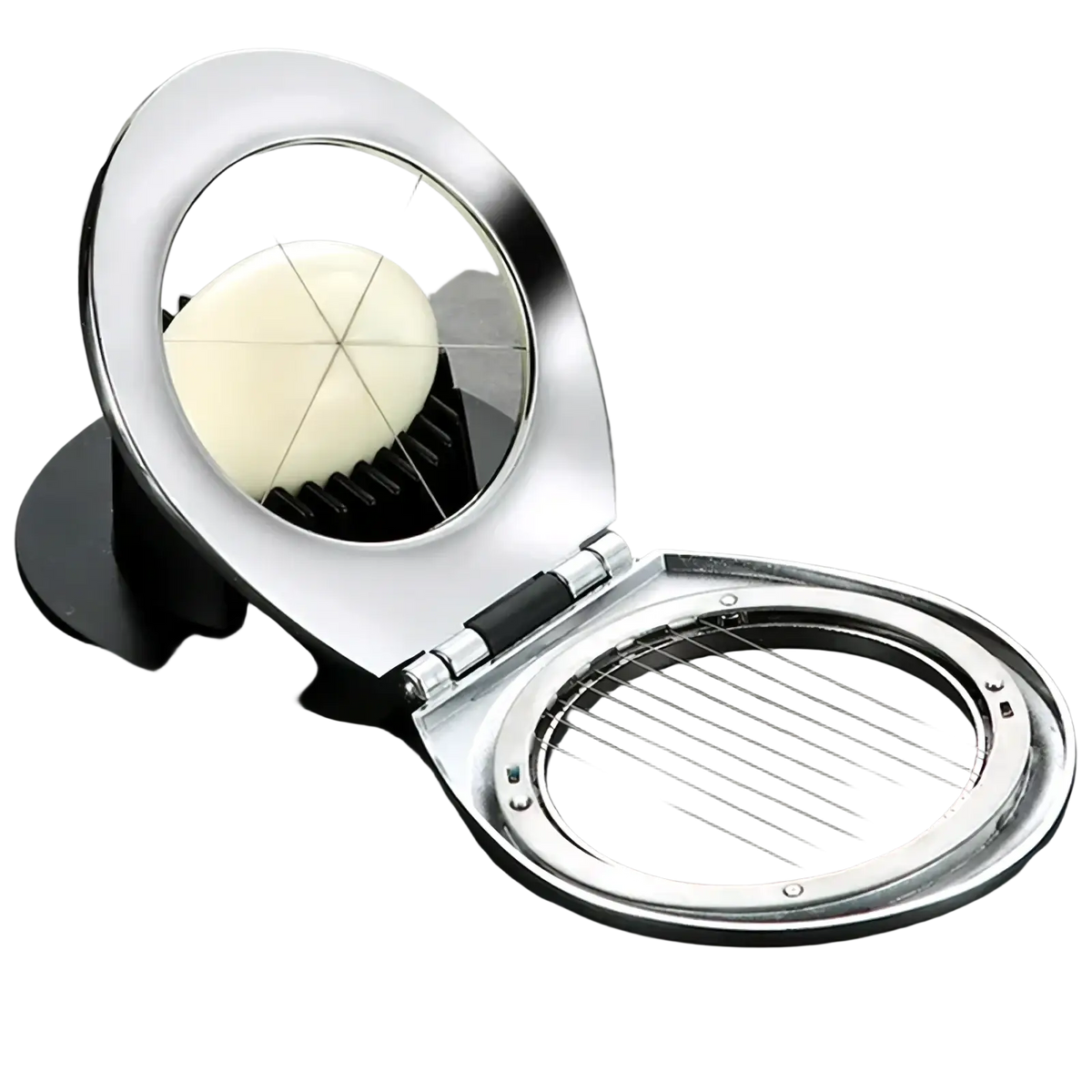 Shiny stainless steel zinc alloy egg slicer and fruit cutter with circular cutting mechanism and black base