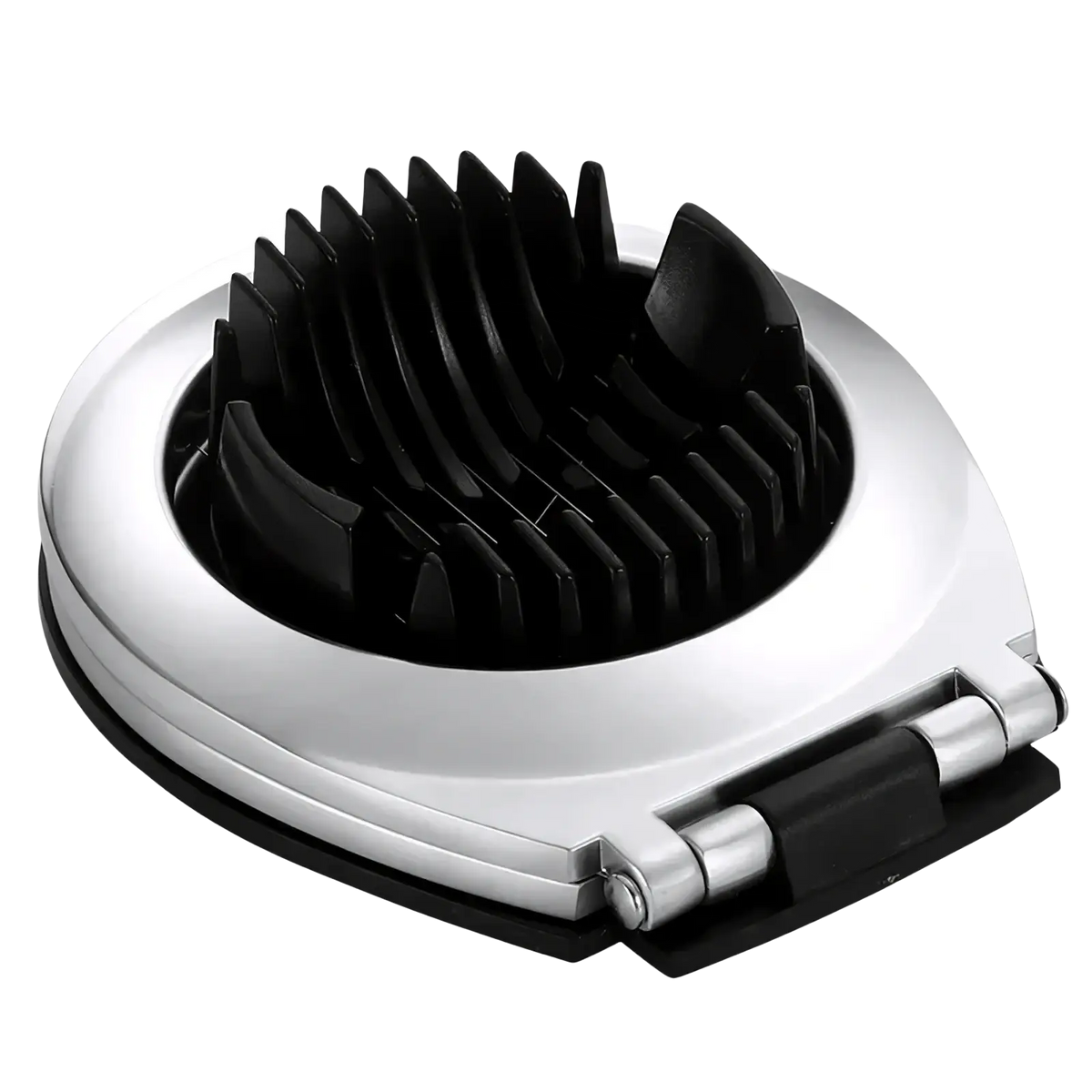 Zinc alloy egg slicer and fruit cutter in silver and black with a sleek hinge mechanism for easy operation