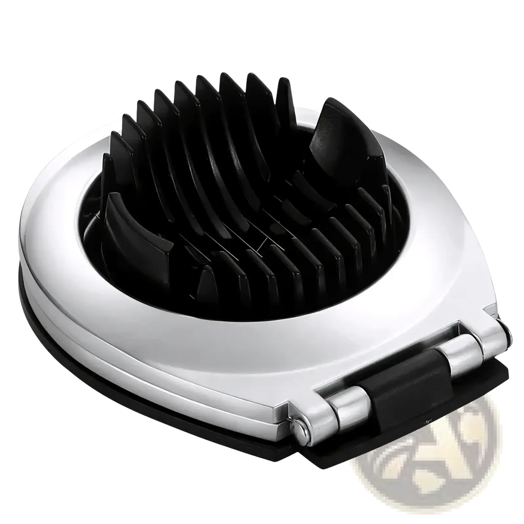 Zinc alloy egg slicer and fruit cutter in silver and black with a sleek hinge mechanism for easy operation