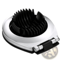 Zinc alloy egg slicer and fruit cutter in silver and black with a sleek hinge mechanism for easy operation