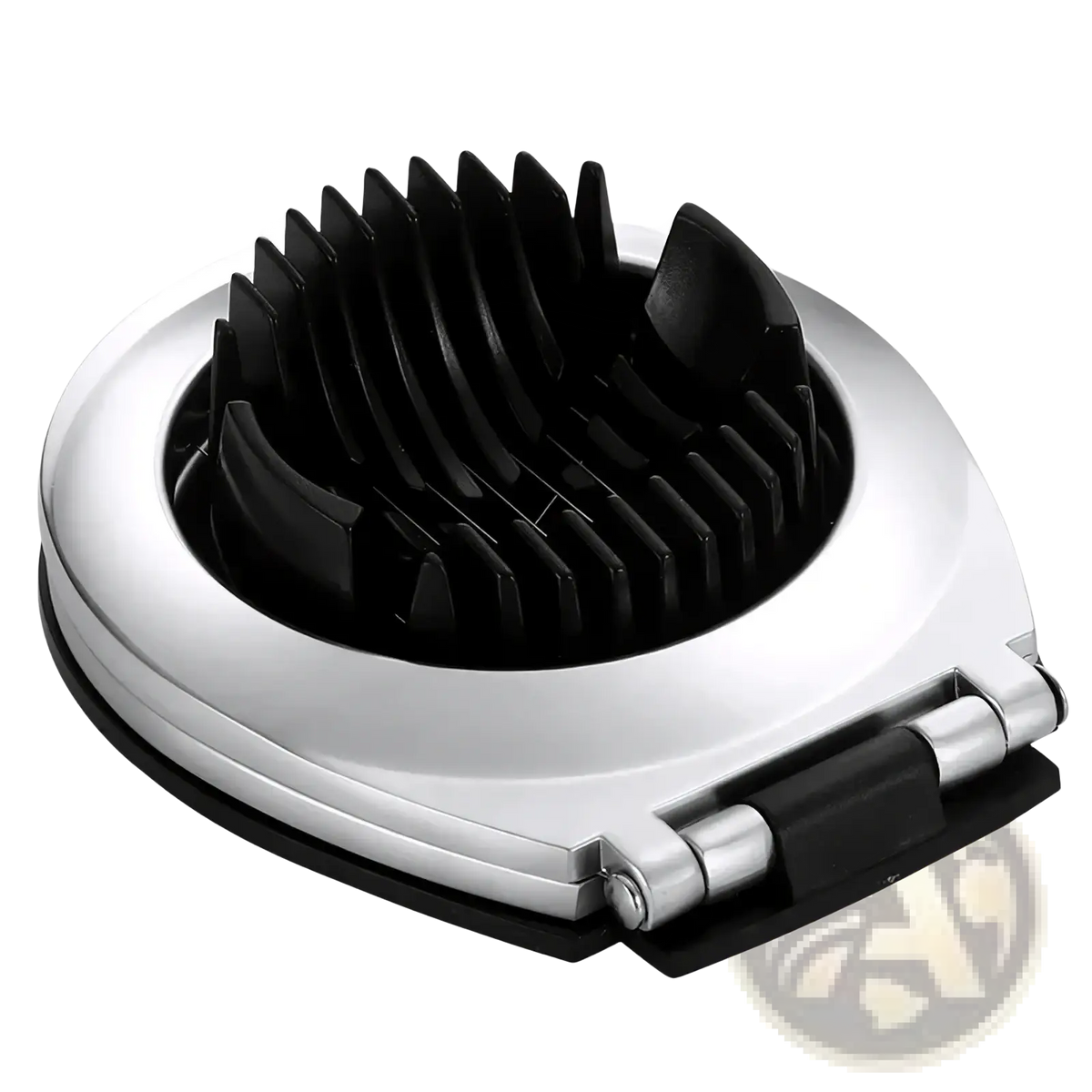 Zinc alloy egg slicer and fruit cutter in silver and black with a sleek hinge mechanism for easy operation