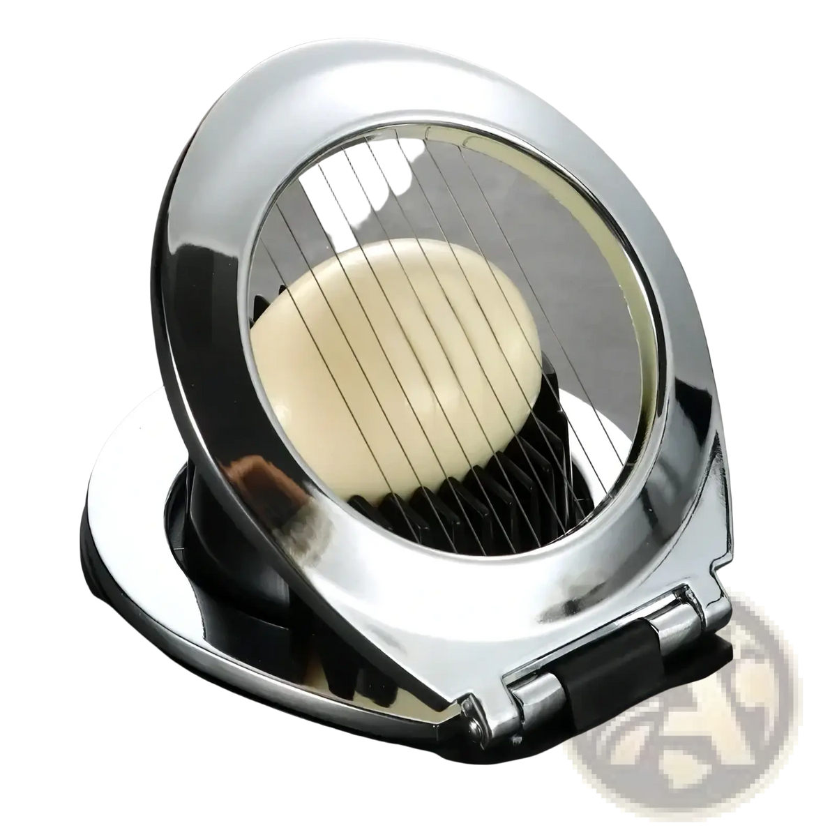 Shiny chrome zinc alloy egg slicer with circular frame and fine wire blades slicing a peeled hard-boiled egg