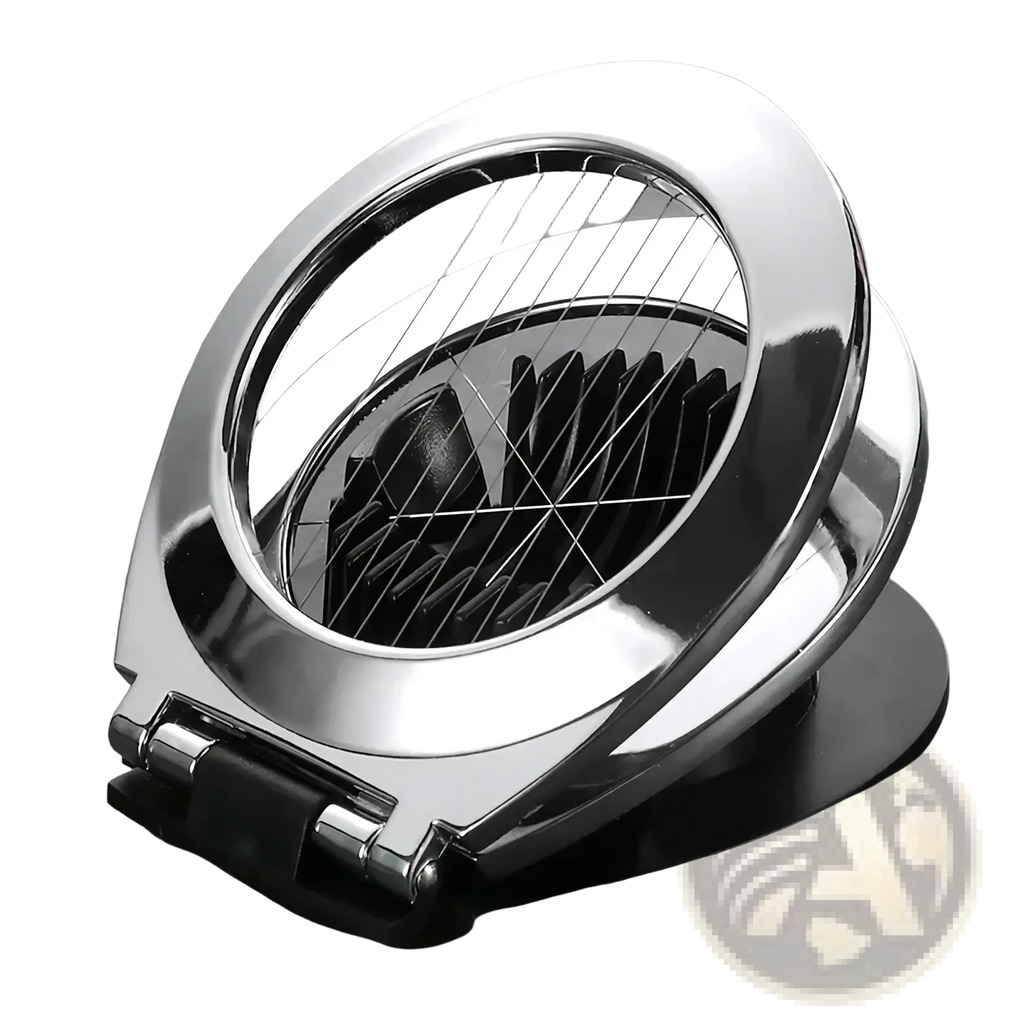 Shiny chrome zinc alloy egg slicer and fruit cutter with a circular design and fine wire grid for precise slicing