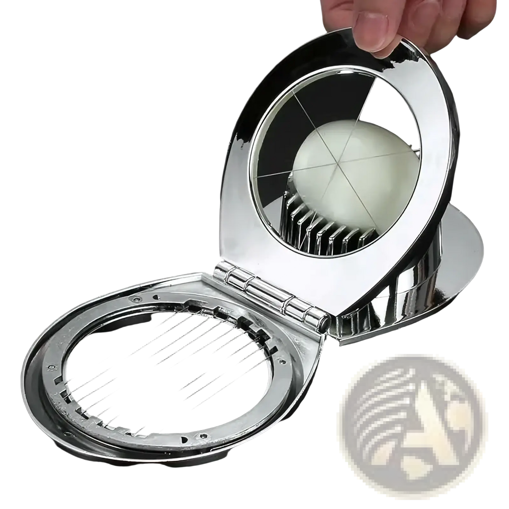 Shiny chrome-finished zinc alloy egg slicer and fruit cutter with circular design and multiple thin wires for precise slicing