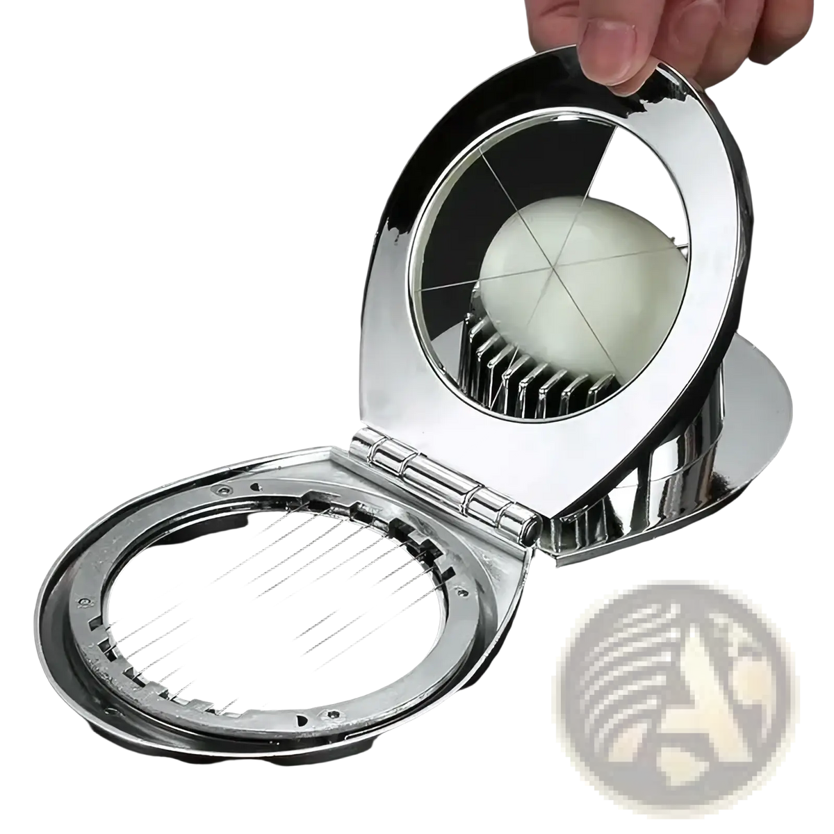 Shiny chrome-finished zinc alloy egg slicer and fruit cutter with circular design and multiple thin wires for precise slicing