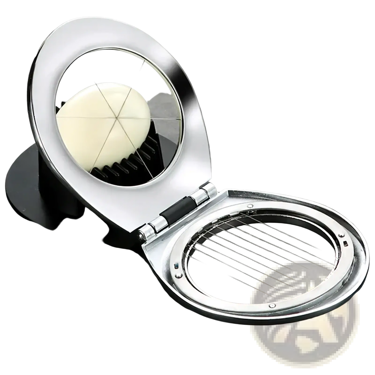 Shiny stainless steel zinc alloy egg slicer and fruit cutter with circular cutting mechanism and black base