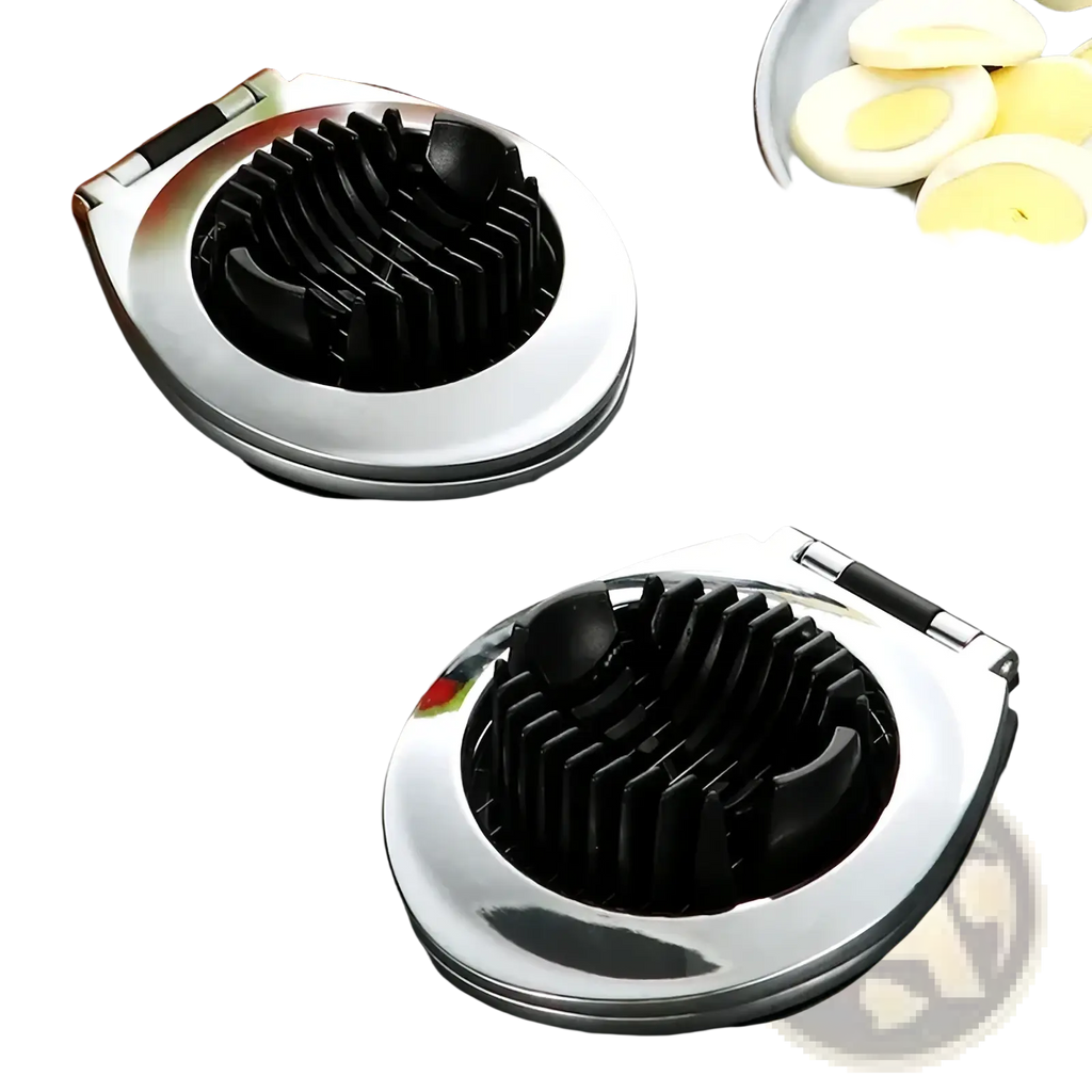 Zinc alloy egg slicer and fruit cutter with stainless steel body and black plastic cutting blades for easy slicing