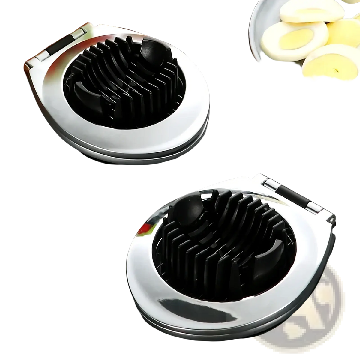 Zinc alloy egg slicer and fruit cutter with stainless steel body and black plastic cutting blades for easy slicing