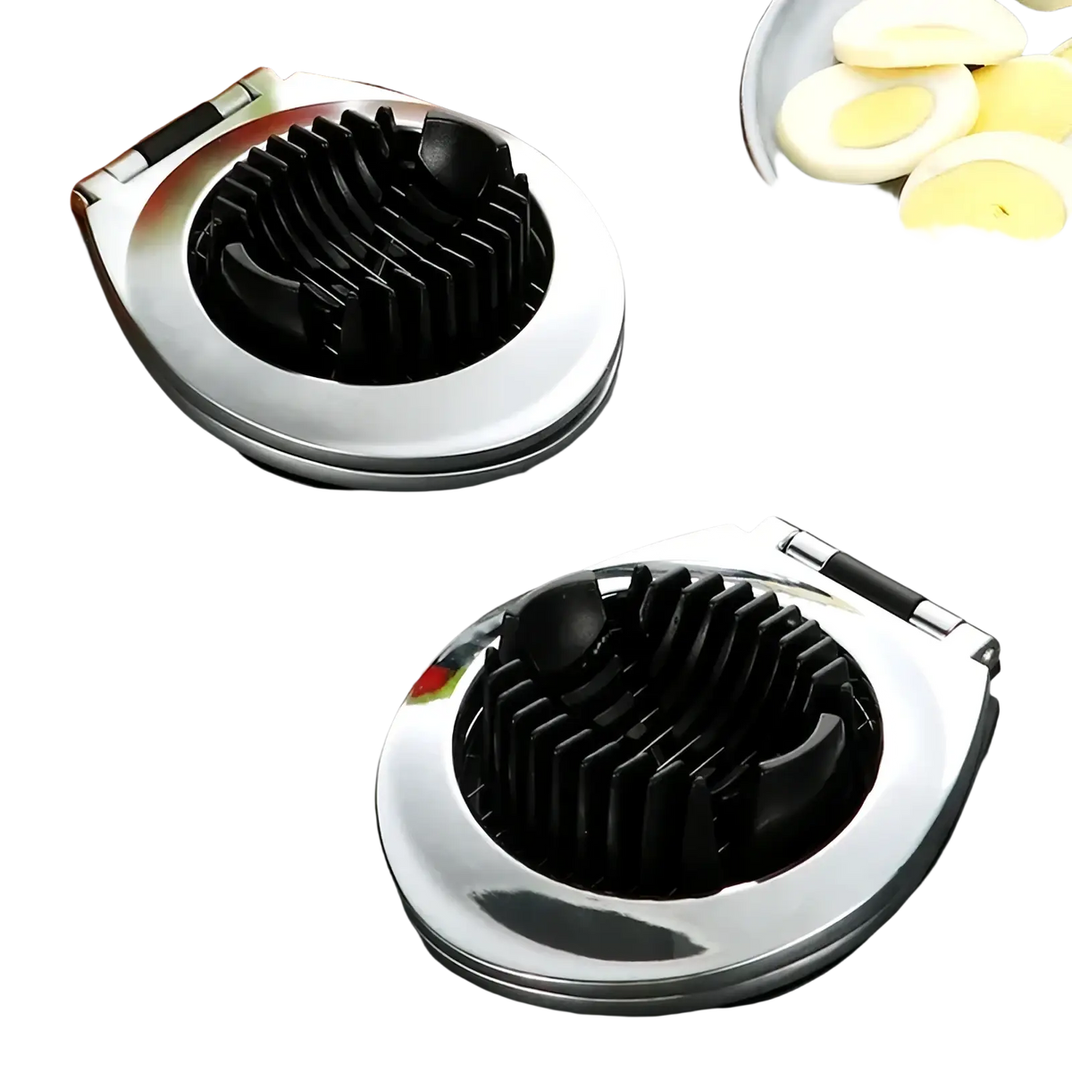 Zinc alloy egg slicer and fruit cutter with stainless steel body and black plastic cutting blades for easy slicing