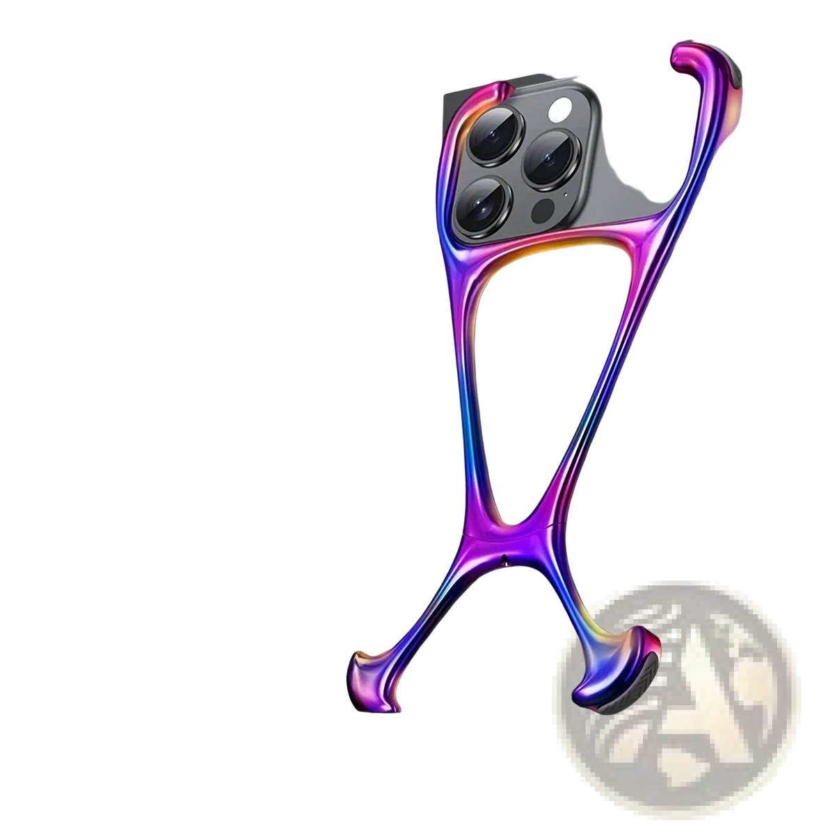 Iridescent rainbow-colored zinc alloy iphone case with metallic frameless cover and glossy sleek finish showing back side