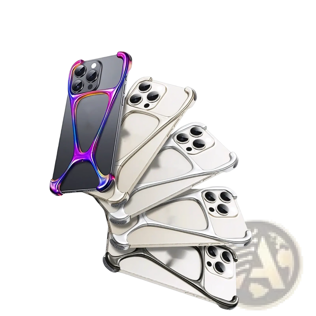 Back view of iridescent rainbow-colored zinc alloy iphone case with sleek transparent design and metallic accents