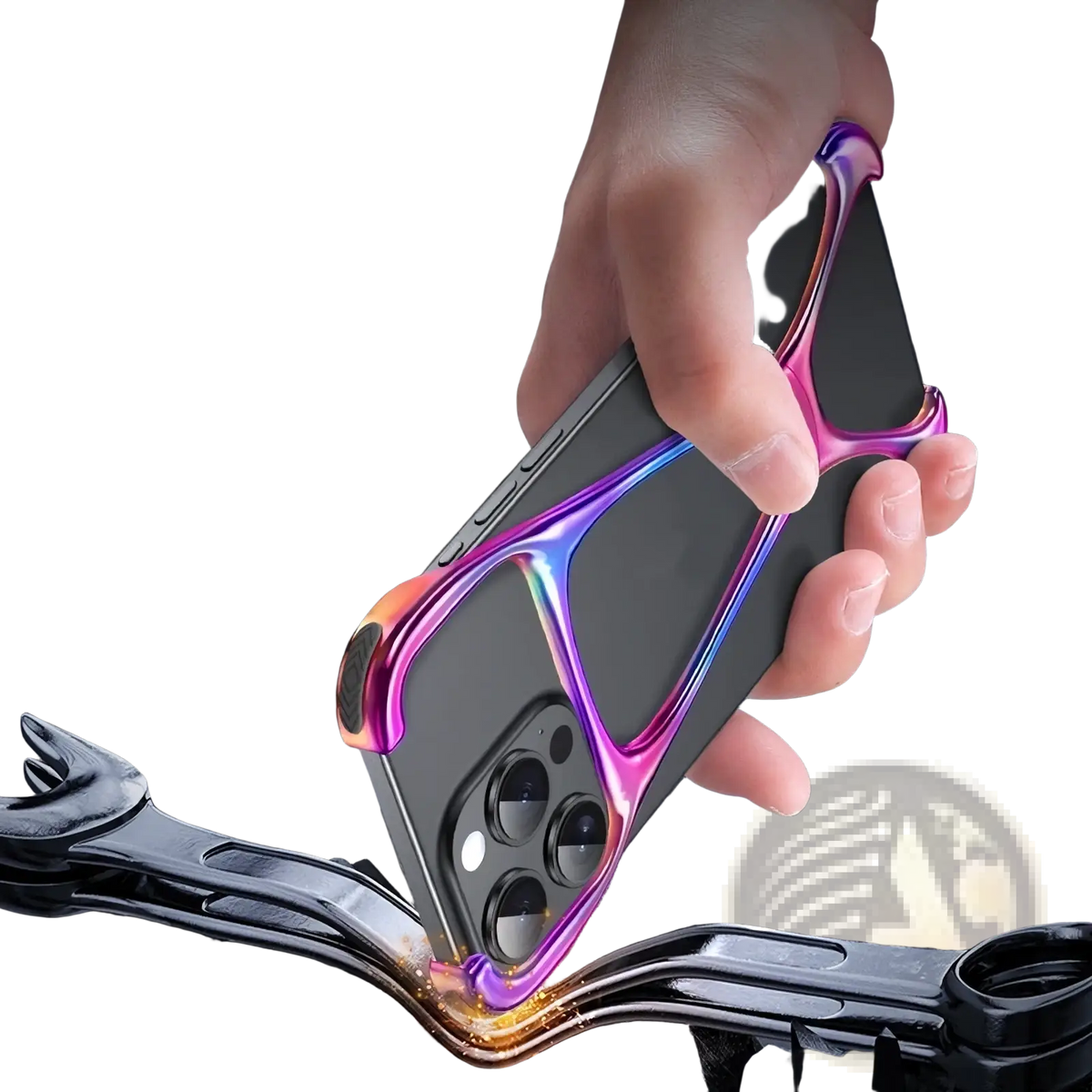 Back side of a sleek black zinc alloy iPhone case with a vibrant iridescent purple and pink metallic frame