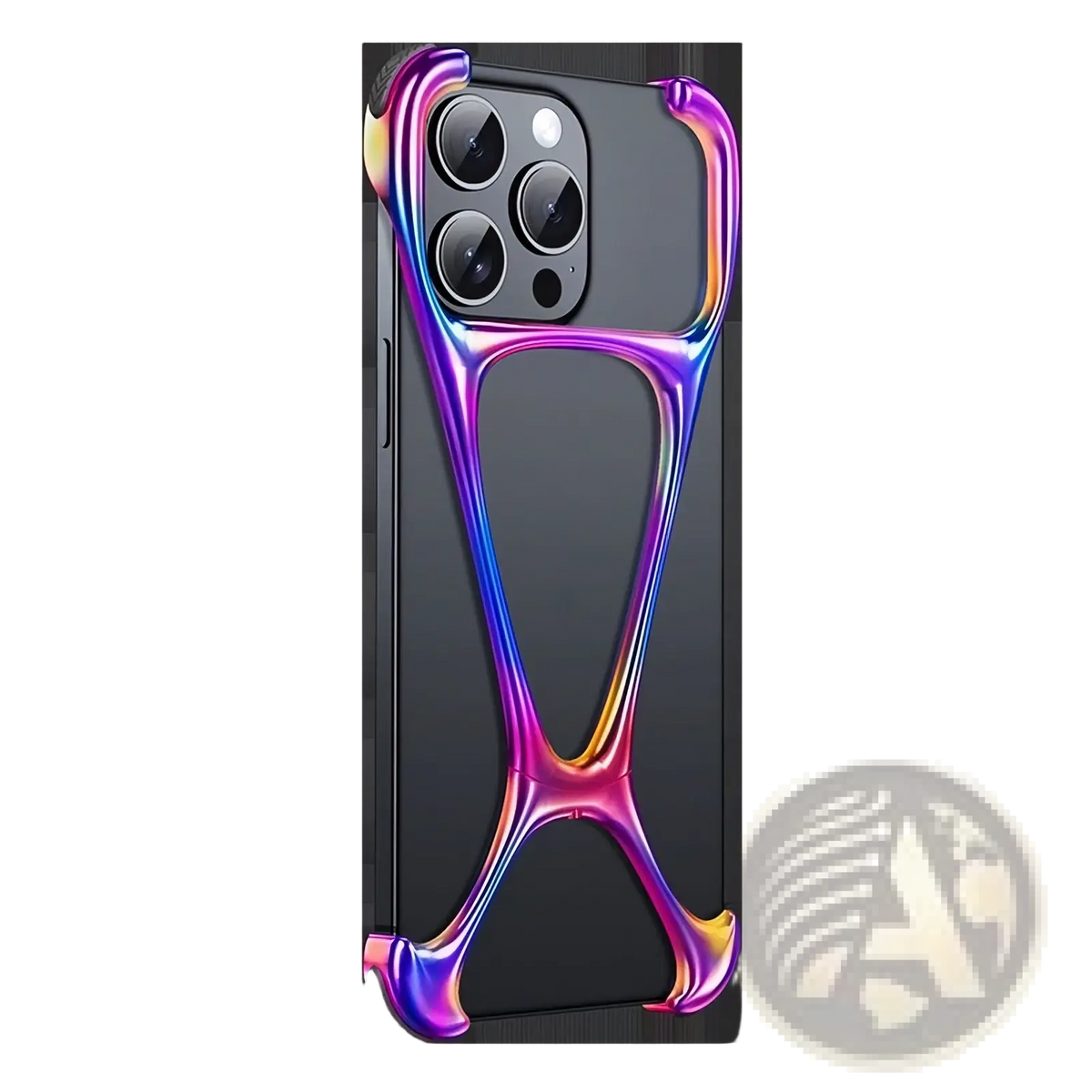 Iridescent rainbow-colored zinc alloy iphone case metallic frameless cover showing the back with sleek sculpted edges
