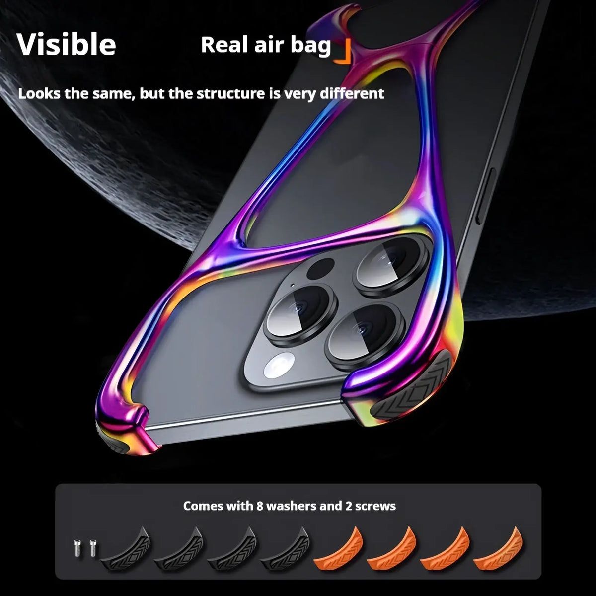 Back side of an iridescent metallic zinc alloy iphone case with a sleek curved design wrapping around the camera module