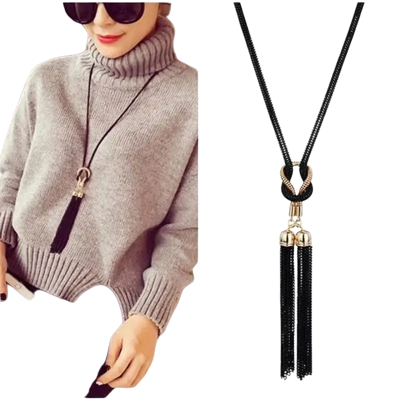 Black tassel zinc alloy necklace for women with gold toned knot and metallic chain type for elegant style