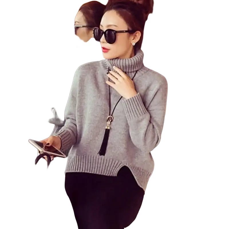 Gray turtleneck sweater with ribbed cuffs and hem paired with zinc alloy long tassel necklace featuring chain type metal details