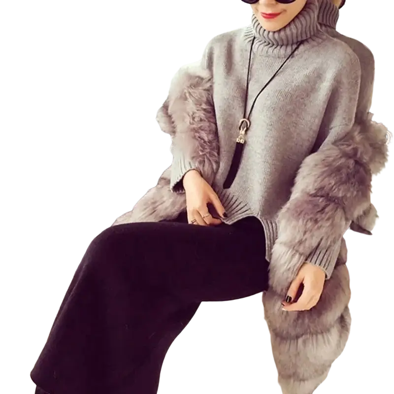 Gray turtleneck sweater with fluffy layered faux fur sleeves paired with a zinc alloy long tassel necklace chain type