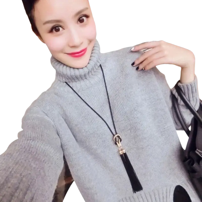 Gray turtleneck sweater paired with black zinc alloy long tassel necklace featuring chain type pendant design