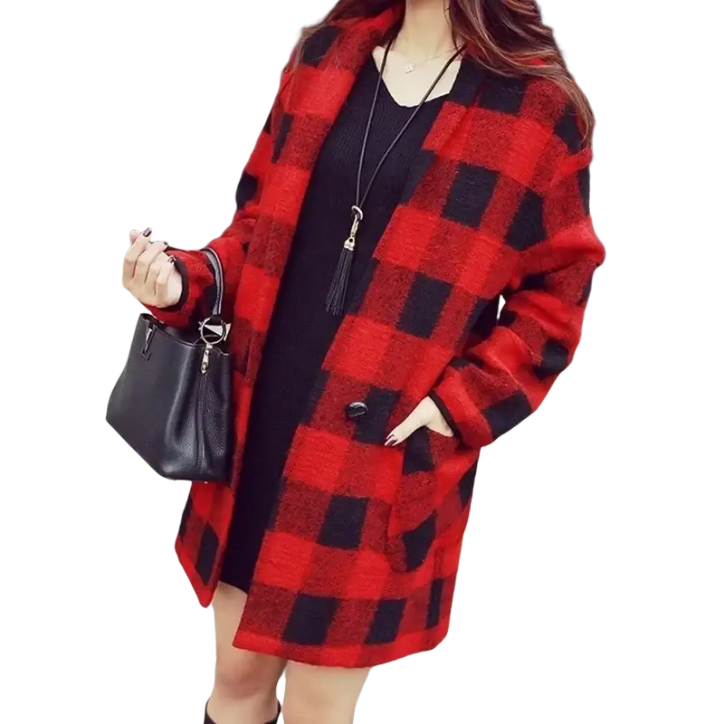 Zinc alloy long tassel necklace for women with red and black plaid wool coat featuring a cozy textured fabric