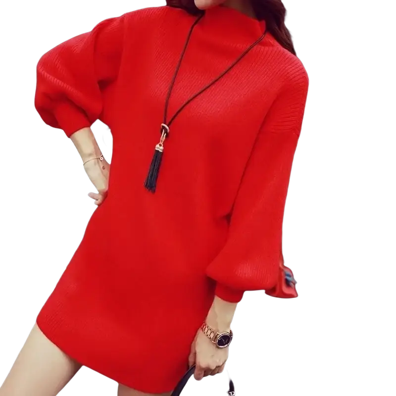 Vibrant red knit sweater dress with puffed sleeves paired with zinc alloy long tassel necklace chain type metal accessory