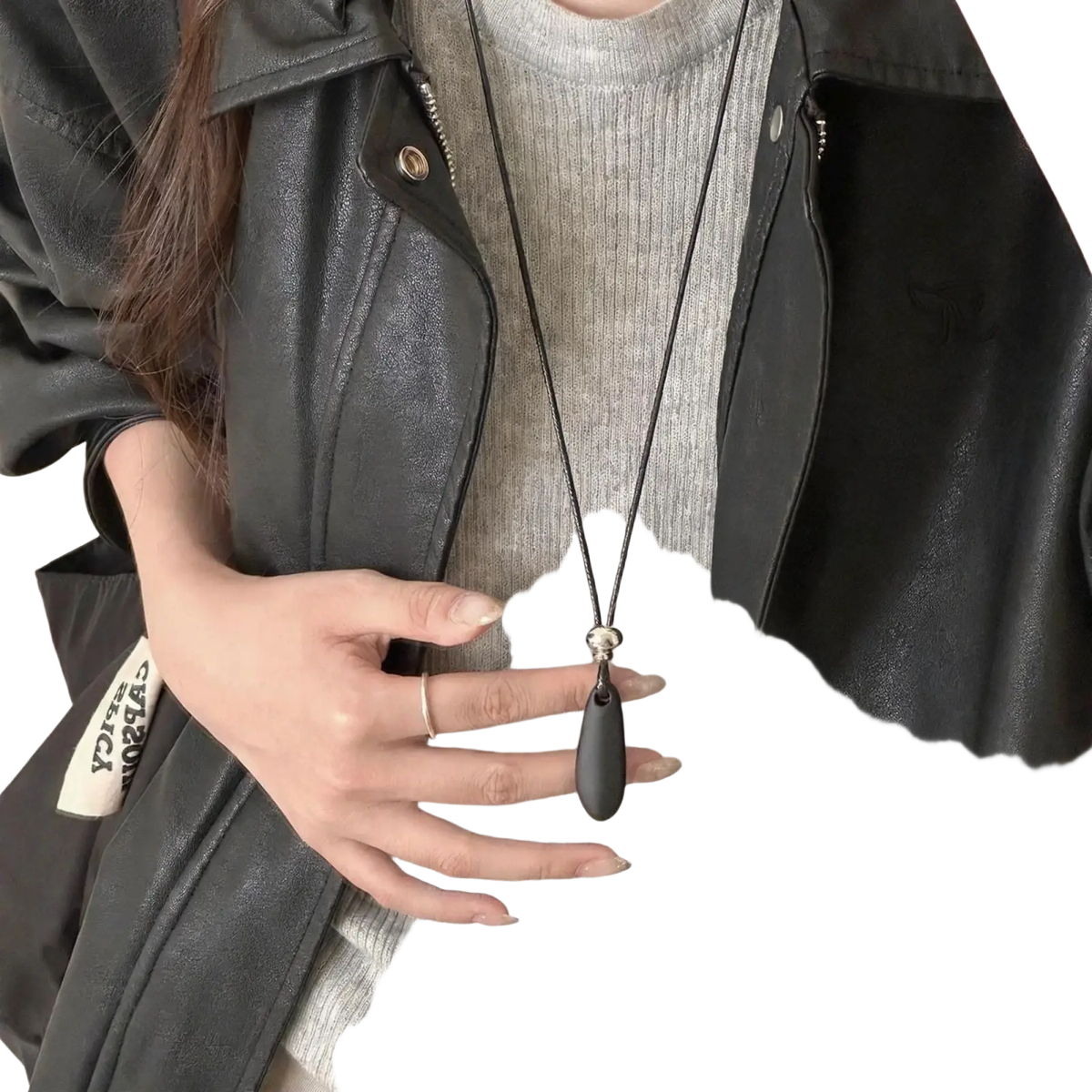 Black teardrop zinc alloy pendant necklace with silver bail on a black rope chain highlighting chain type and material