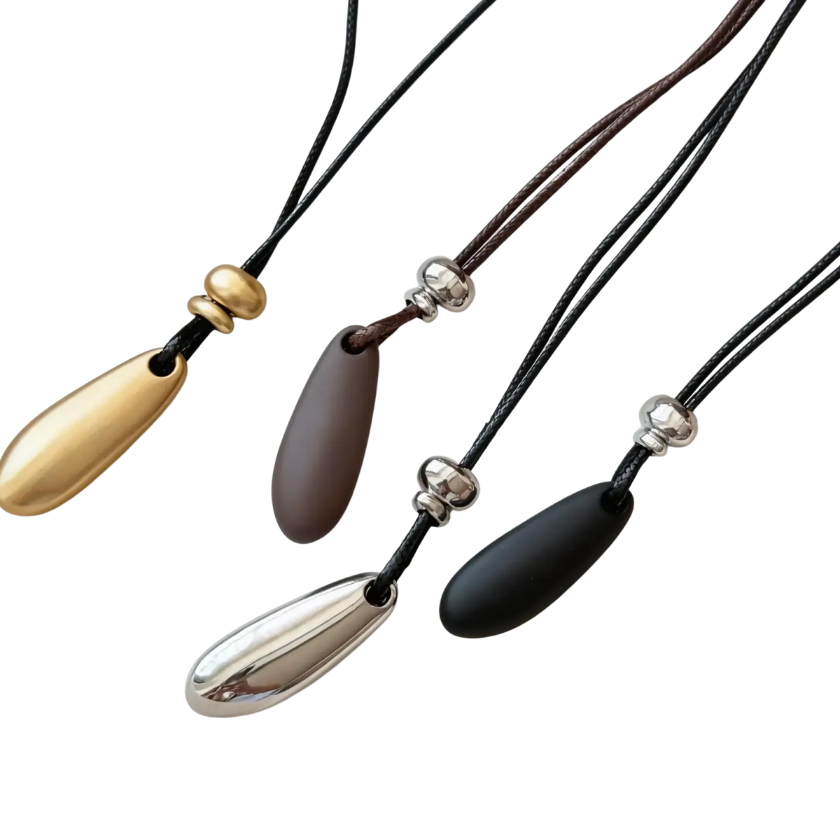 Four zinc alloy water drop pendant necklaces in gold, matte brown, silver, and black on rope chain with metallic beads