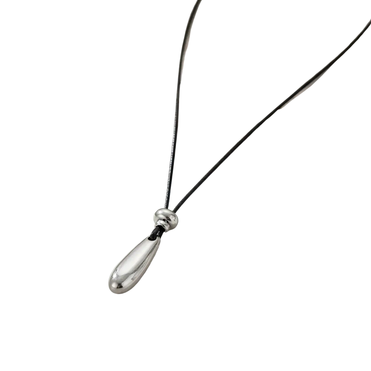 Silver teardrop pendant necklace with zinc alloy rope chain on black cord for elegant everyday wear