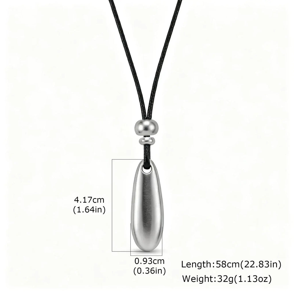 Silver teardrop pendant necklace with a brushed zinc alloy finish on a black rope chain