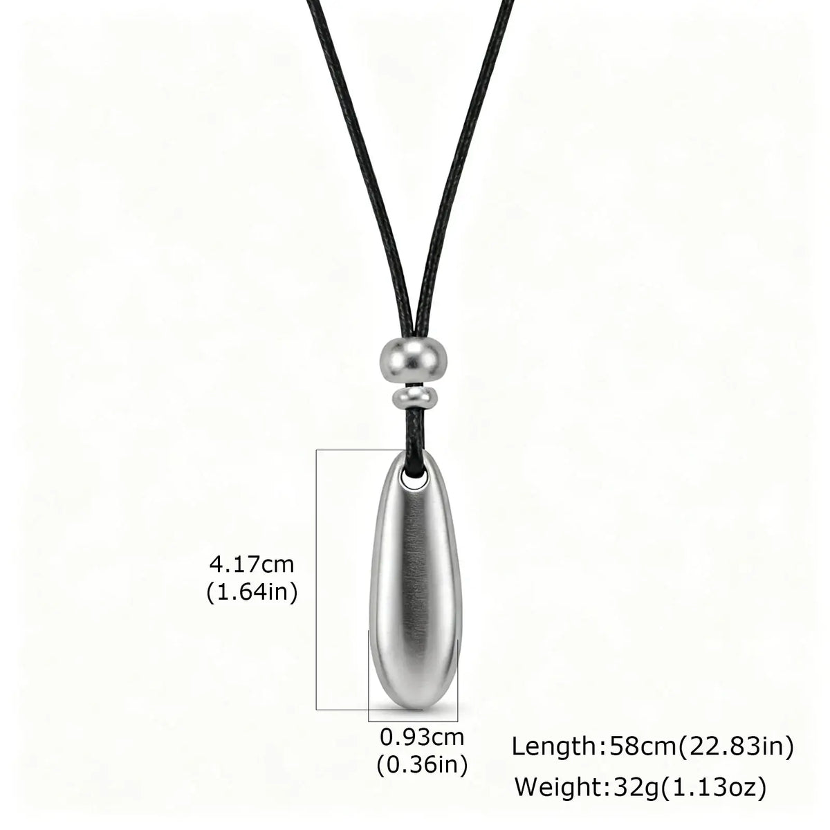 Silver teardrop pendant necklace with a brushed zinc alloy finish on a black rope chain
