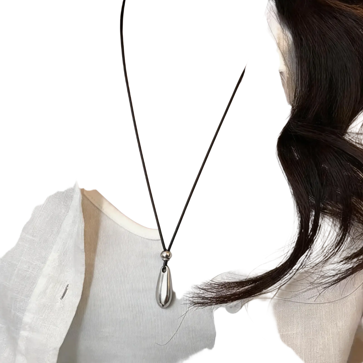 A sleek silver zinc alloy water drop pendant necklace hanging from a black rope chain cord