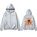 Light gray fleece zip-up hoodie with bold orange hit me hard and soft text and anime graphic on back sleeve length hip hop fashion