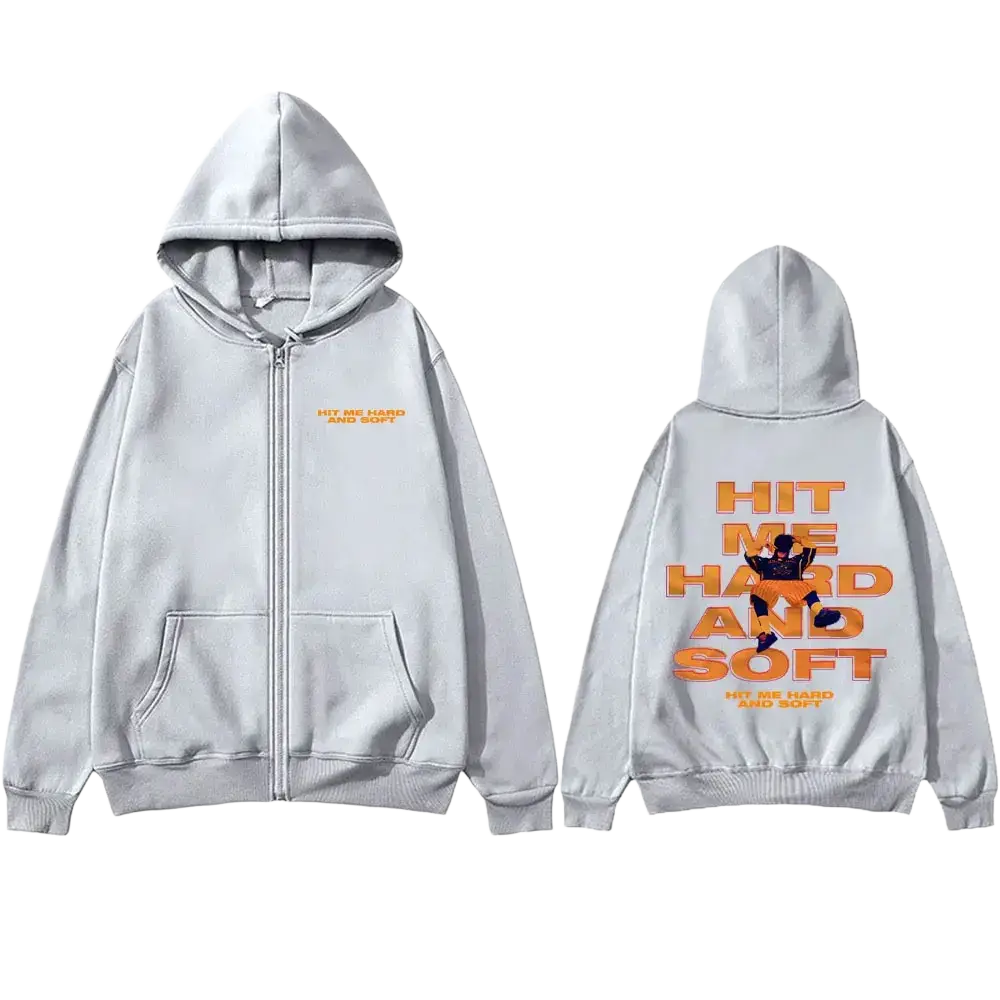 Light gray fleece zip-up hoodie with bold orange hit me hard and soft text and anime graphic on back sleeve length hip hop fashion