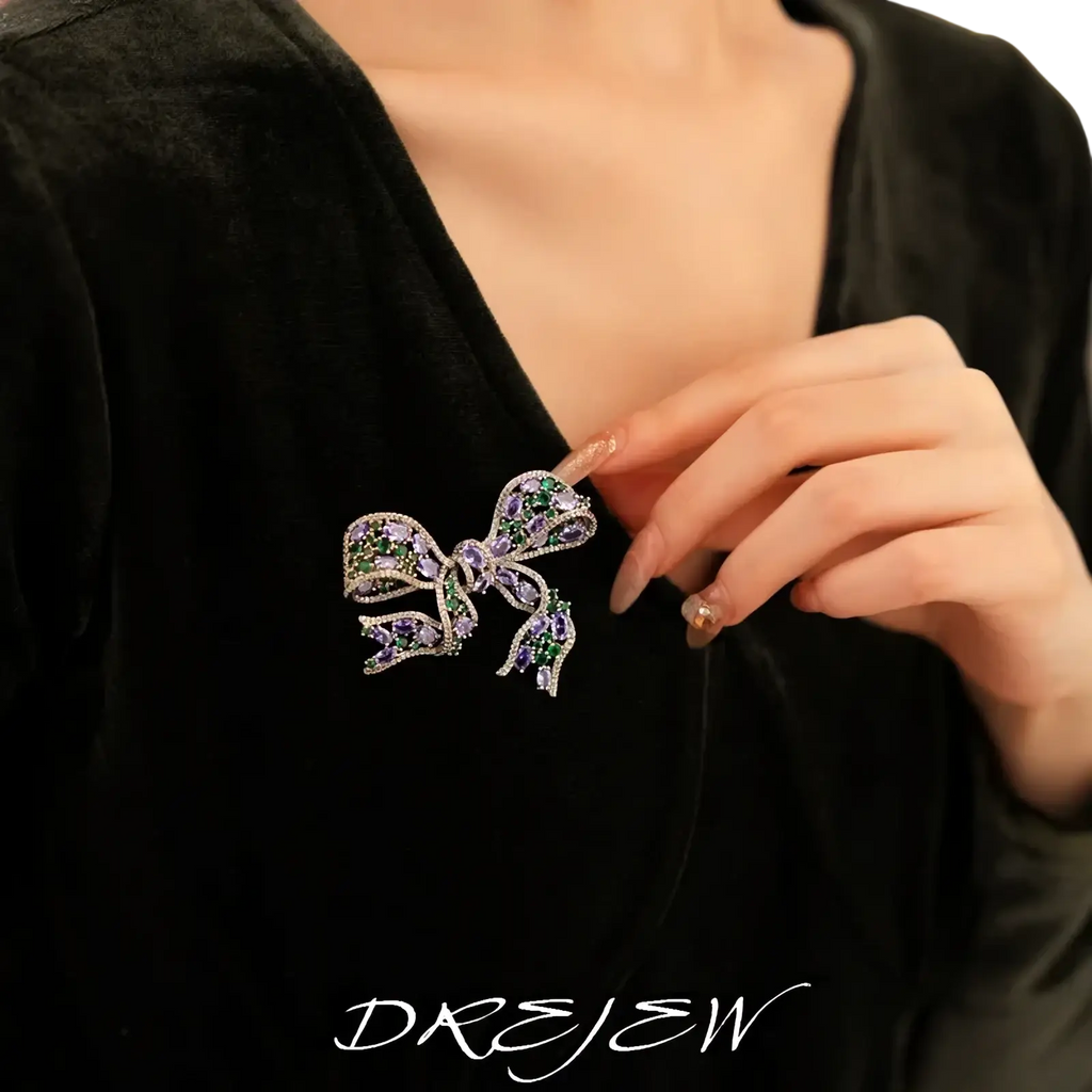Zircon bow brooch luxury French design jewelry sparkling purple and green crystal brooch on black velvet top