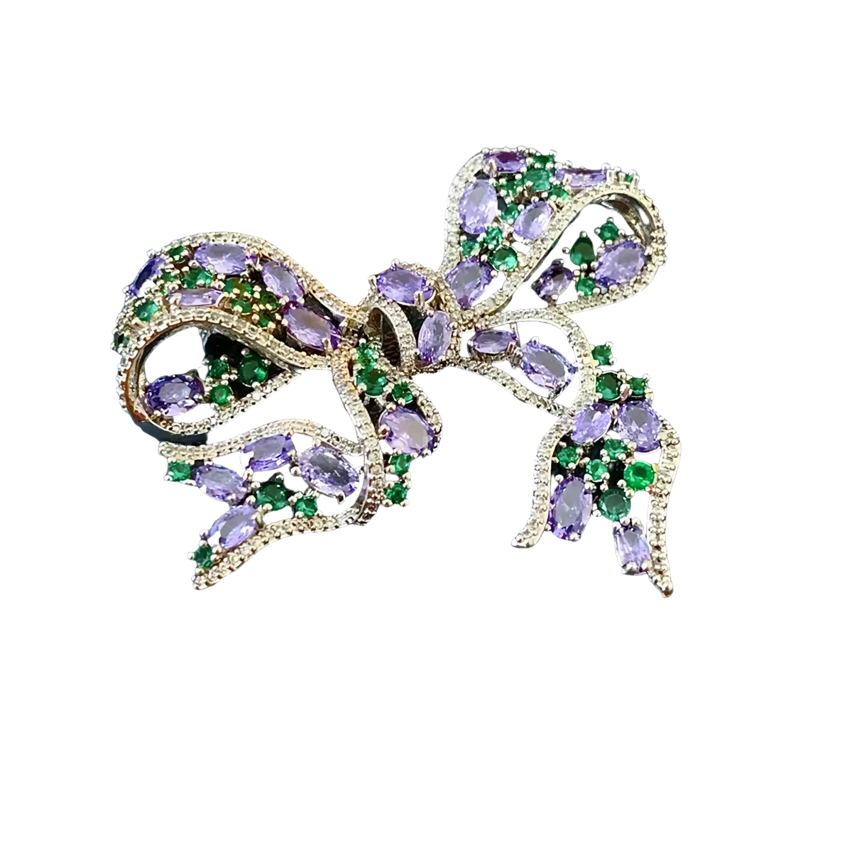 Zircon bow brooch luxury French design silver with oval-cut purple amethysts and emerald green gemstones