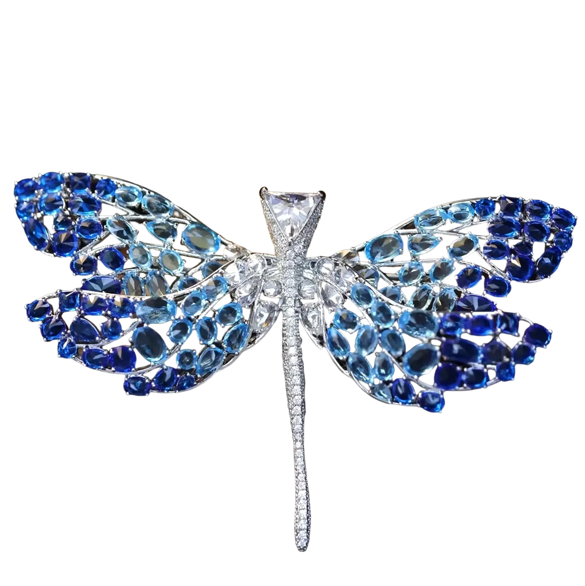 Zircon butterfly brooch featuring a sparkling blue and clear gemstone dragonfly with intricate silver filigree detailing