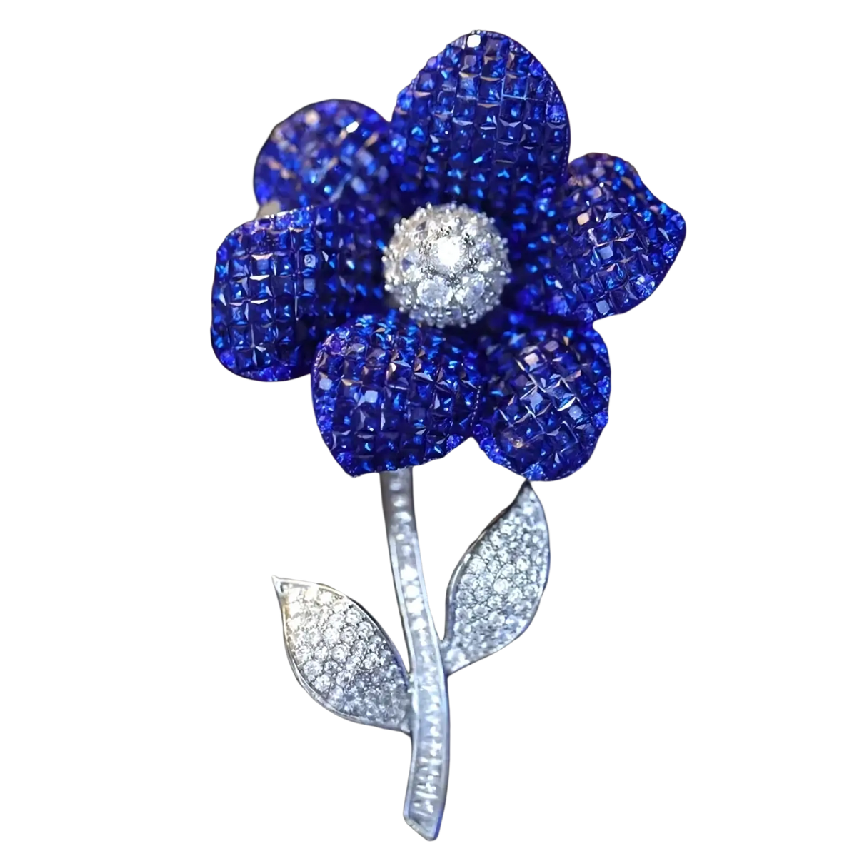 Zircon butterfly brooch featuring a sparkling blue sapphire and diamond flower with silver-toned stem and leaves