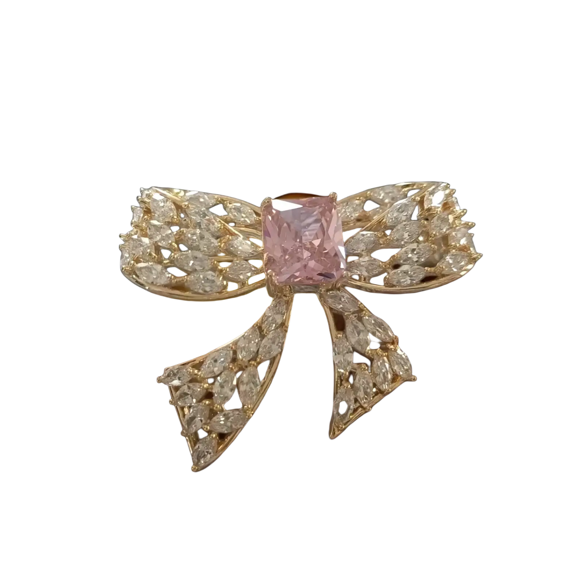 Zircon butterfly brooch featuring a gold bow design with pink diamond center and marquise and round diamonds
