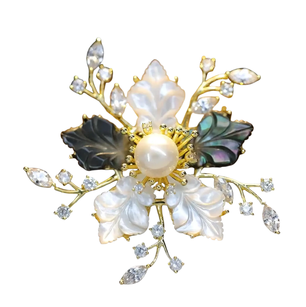 Elegant gold-toned zircon butterfly brooch with central pearl, mother-of-pearl leaves, and clear crystal accents