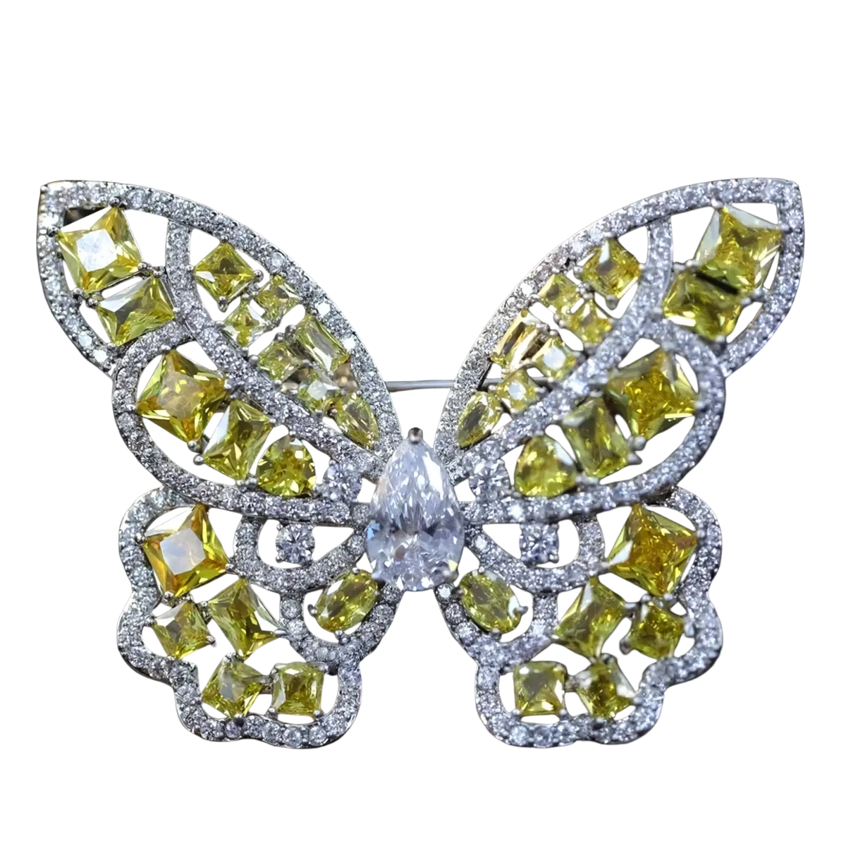 Elegant zircon butterfly brooch with vibrant yellow and clear cubic zirconia stones set in silver-toned metal frame
