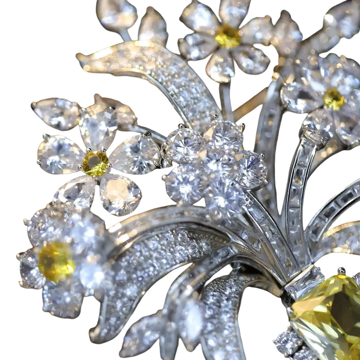 A sparkling zircon butterfly floral brooch with clear and yellow gemstones set in silver-toned metal with leaf designs