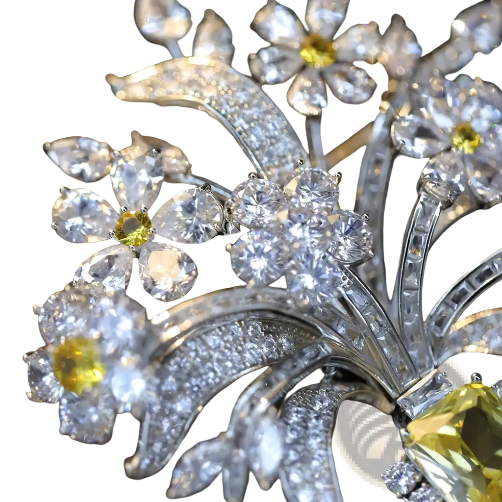 A sparkling zircon butterfly floral brooch with clear and yellow gemstones set in silver-toned metal with leaf designs