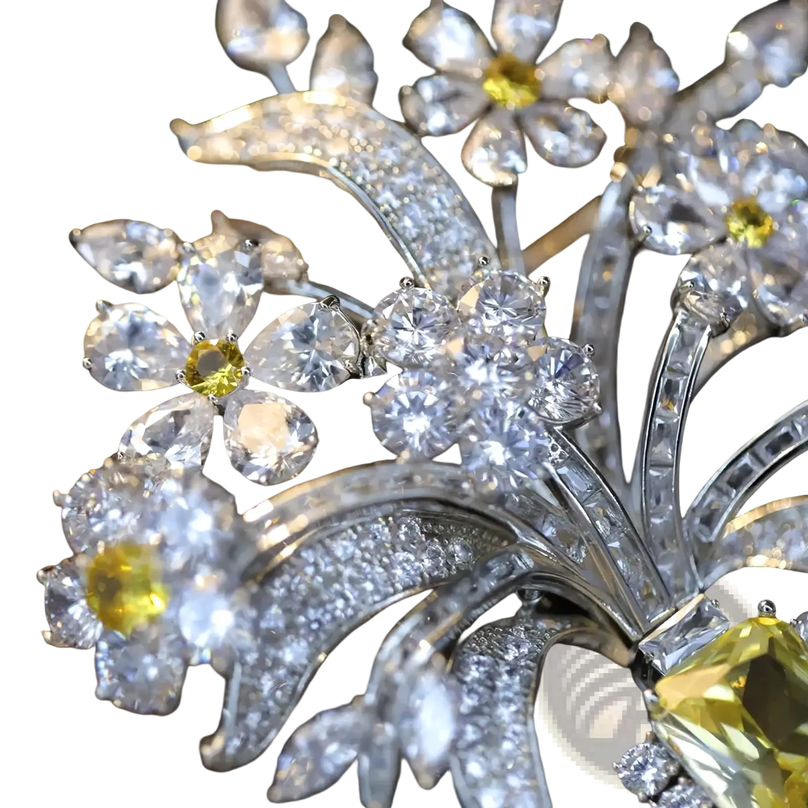 A sparkling zircon butterfly floral brooch with clear and yellow gemstones set in silver-toned metal with leaf designs