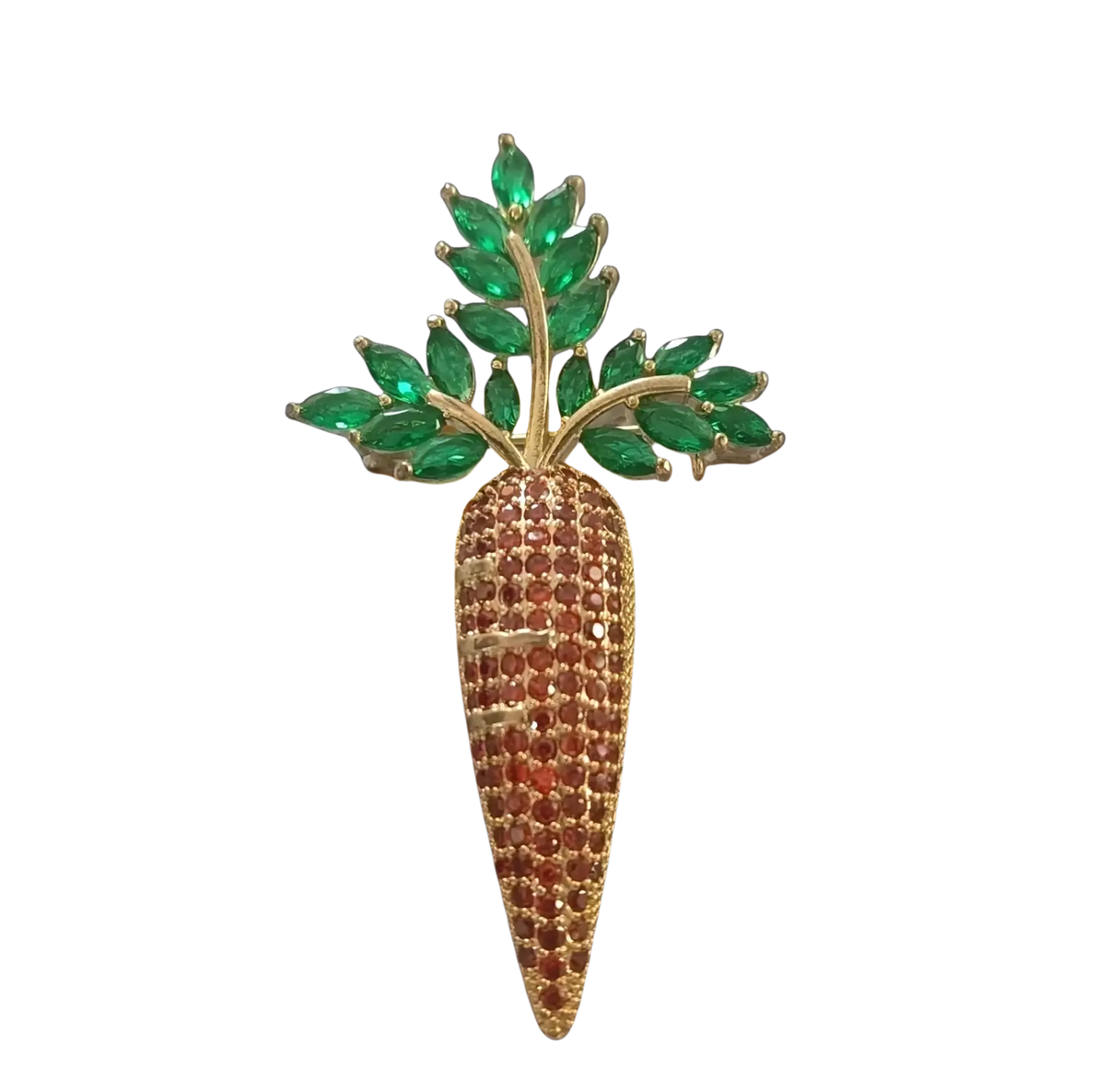 Zircon butterfly brooch featuring a sparkling gold carrot design with emerald green leaves and reddish brown pavé stones