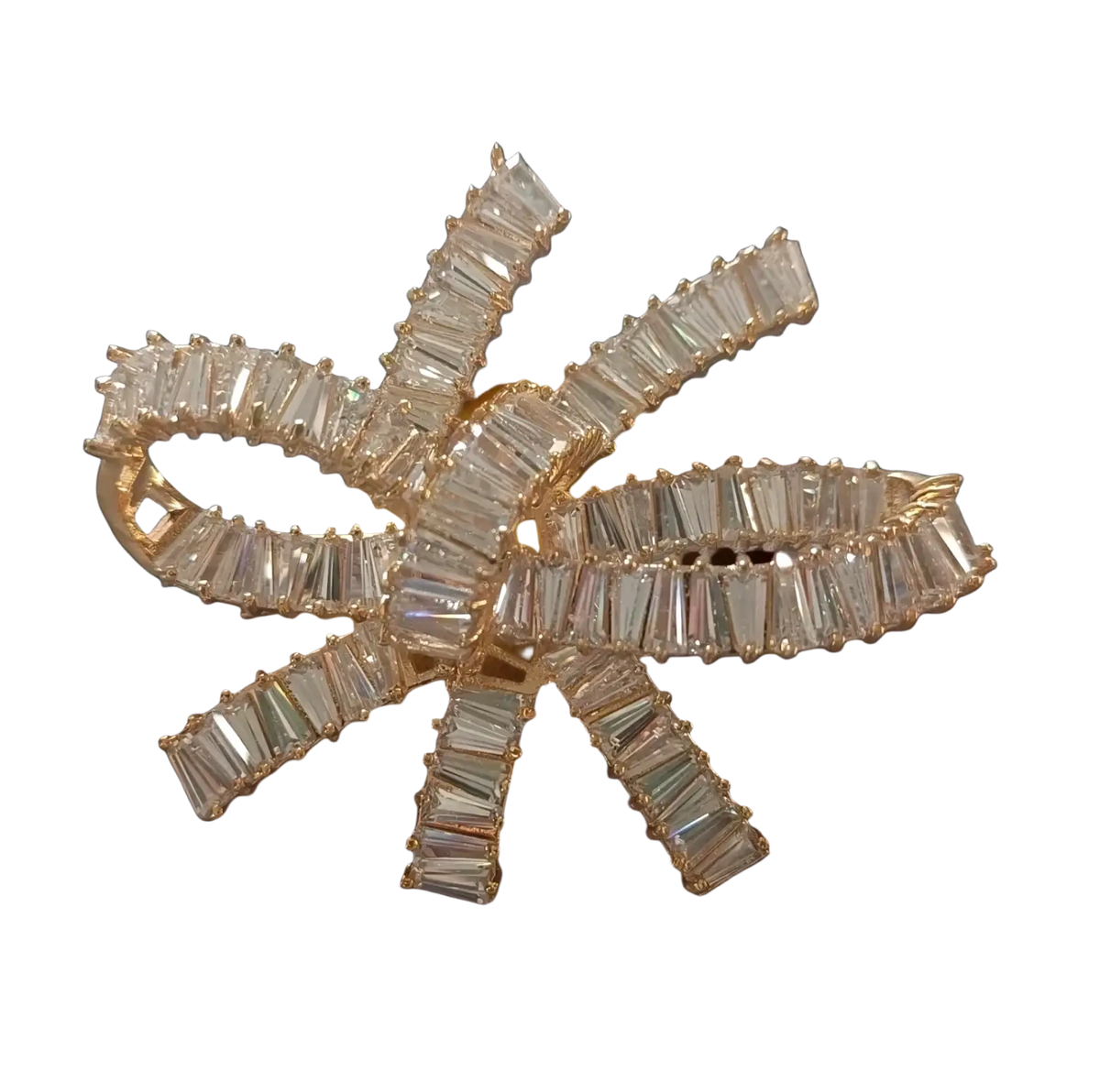 A sparkling gold-toned bow brooch adorned with clear baguette-cut crystals from zircon butterfly luxury designers