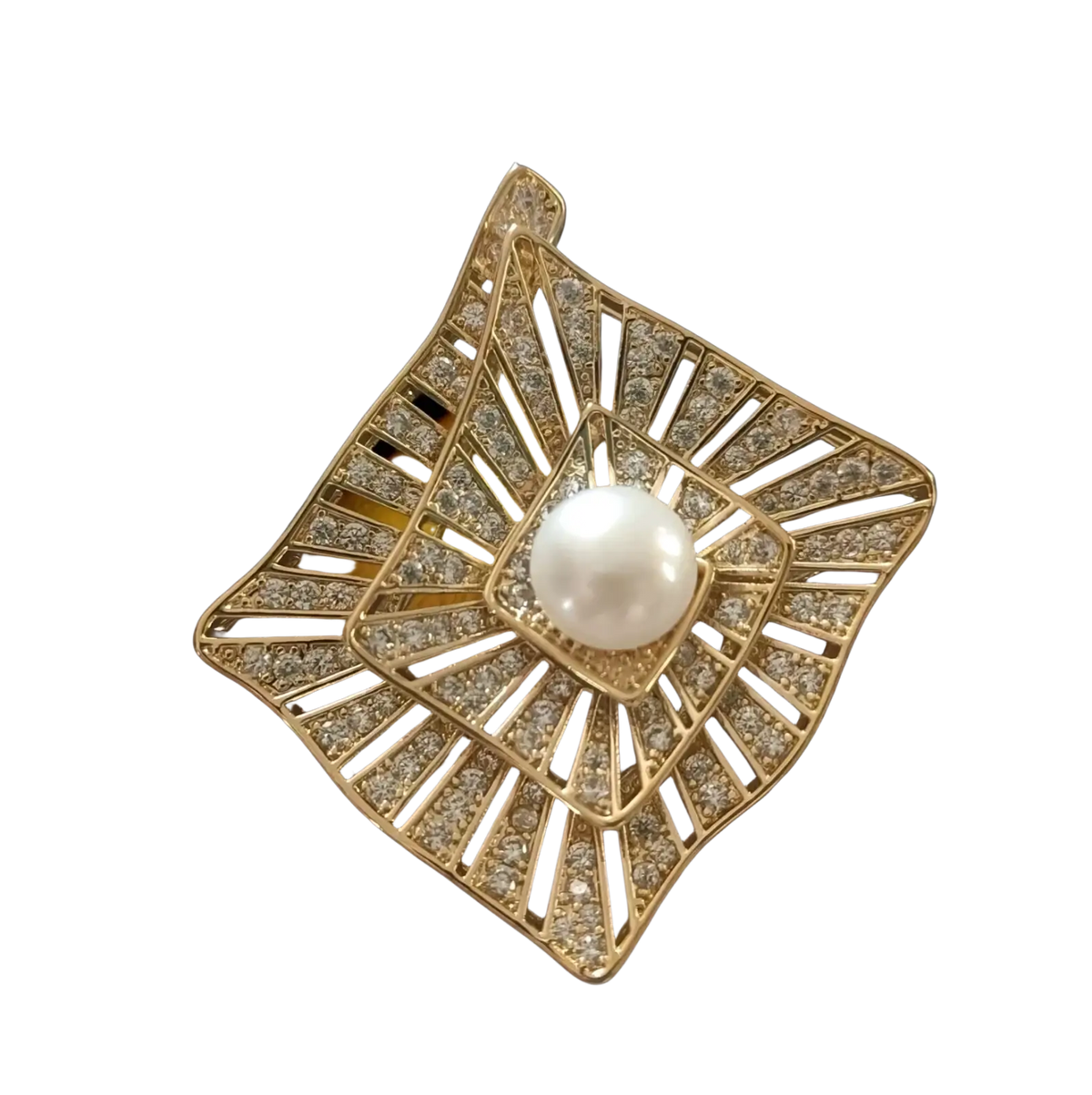 A gold-toned zircon butterfly brooch with a central white pearl and radiating diamond-set geometric lines