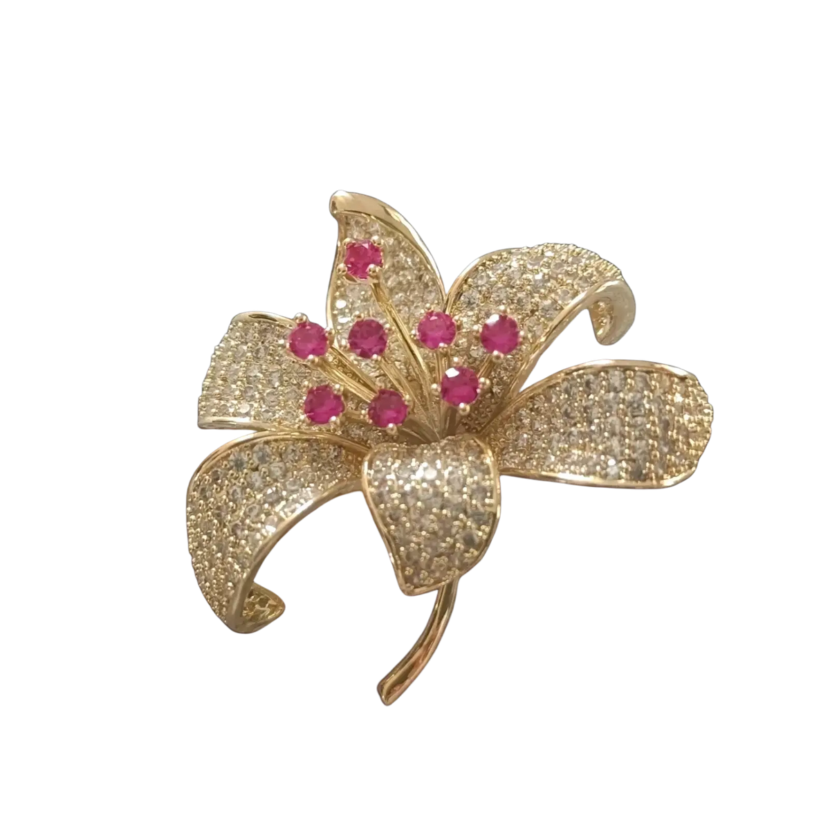A golden lily brooch with sparkling diamonds and vibrant pink rubies from the zircon butterfly luxury designer pin collection