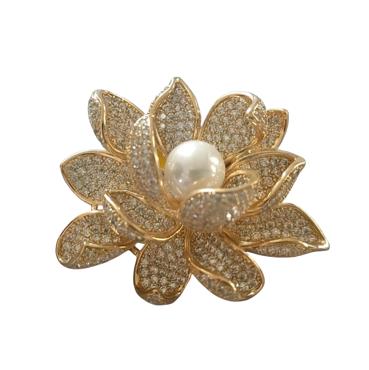 A golden lotus-shaped zircon butterfly brooch adorned with sparkling diamonds and a central pearl luxury designer pin