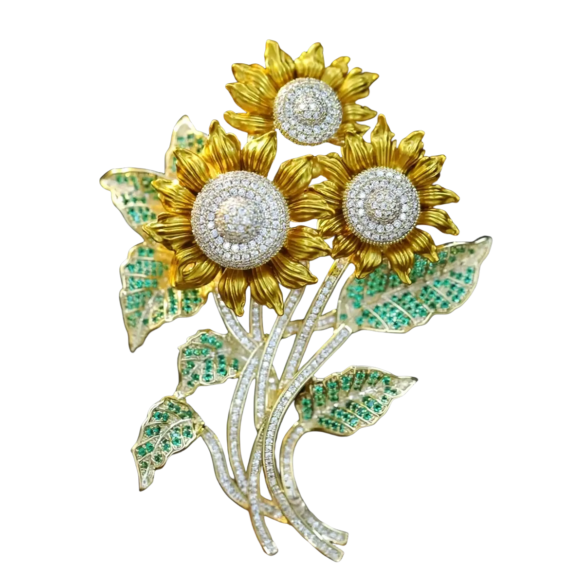 Golden sunflower brooch with sparkling diamonds and emerald-green gemstones in a luxury zircon butterfly design