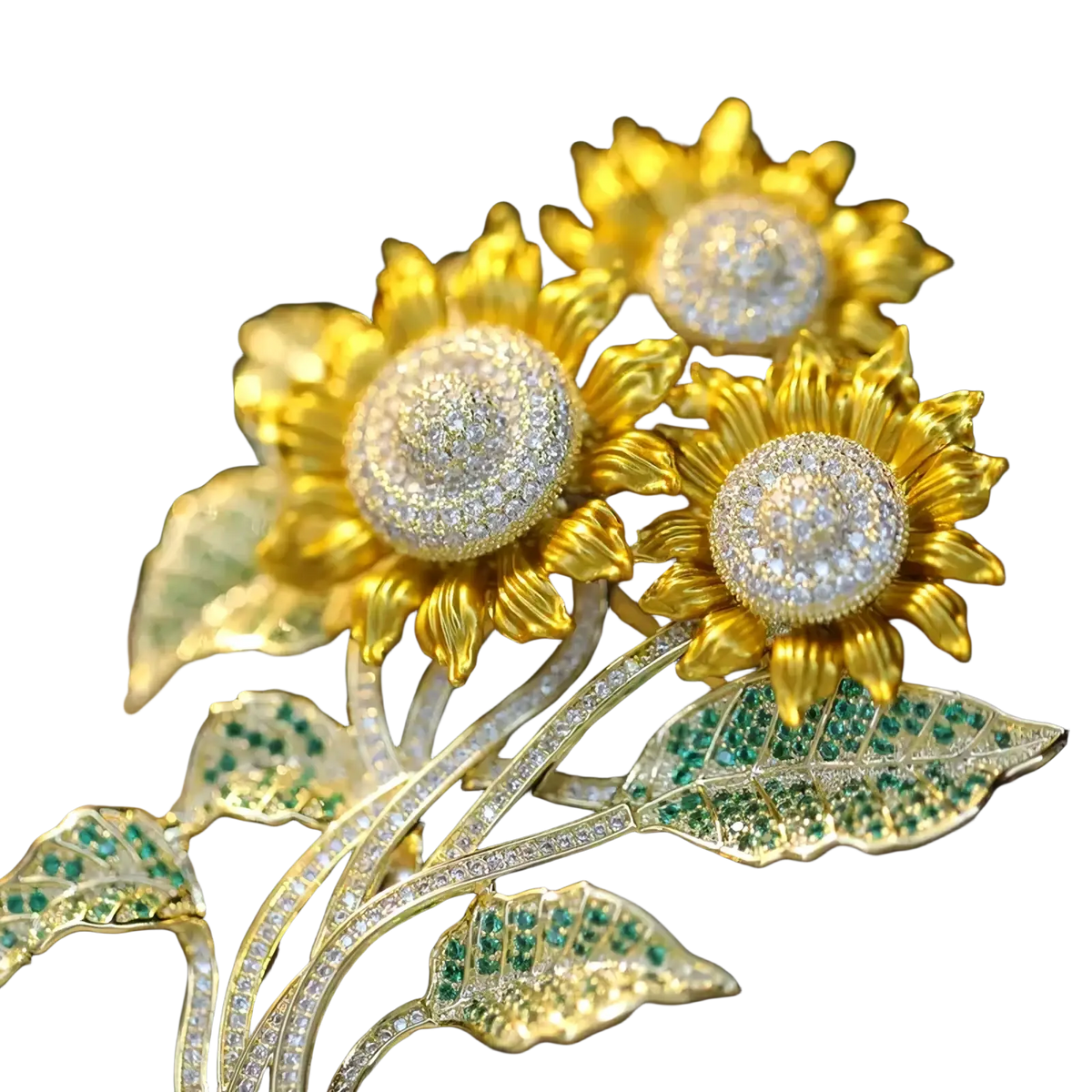 Zircon butterfly brooch featuring a golden sunflower with sparkling diamonds and emerald leaves luxury designer pin